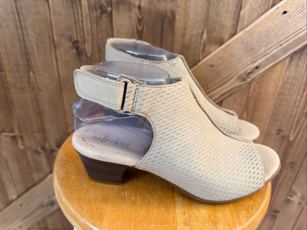Clarks Collection Women’s Size 7.5 Beige Leather Perforated Peep Toe Slingback H